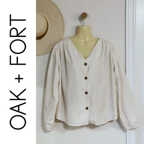 OAK + FORT Tops - Oak + Fort Cream 100% Cotton Button-Down Billowy Long Sleeve Blouse, Size L